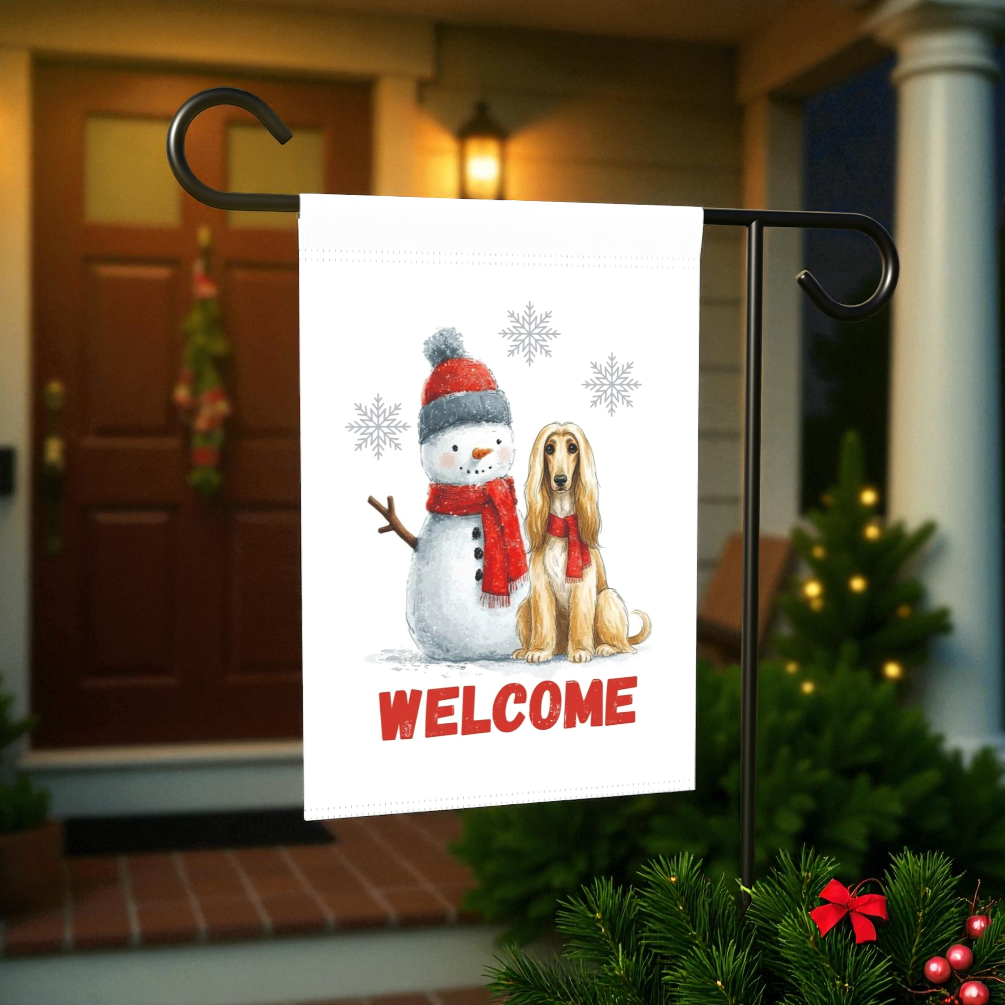 Afghan Hound and Snowman Welcome Garden Flag - lifestyle display - Dragonfire Gardens