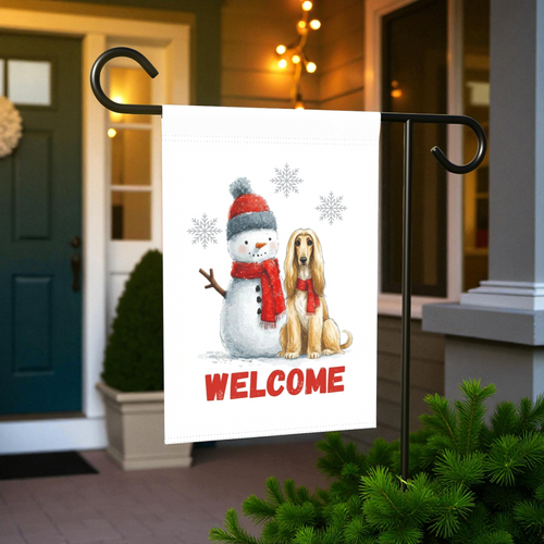 Afghan Hound and Snowman Welcome Garden Flag - front view - Dragonfire Gardens