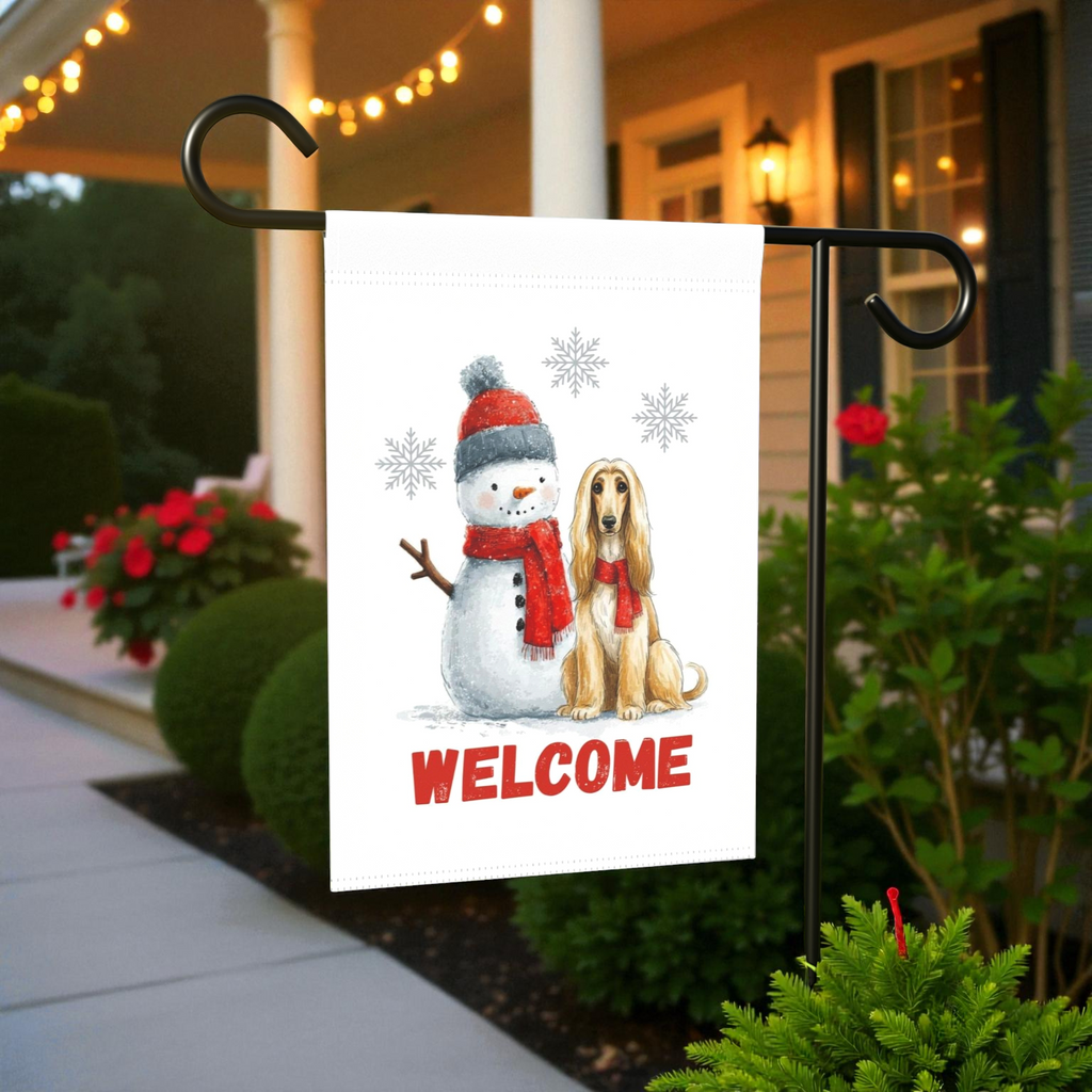 Afghan Hound and Snowman Welcome Garden Flag - product detail - Dragonfire Gardens