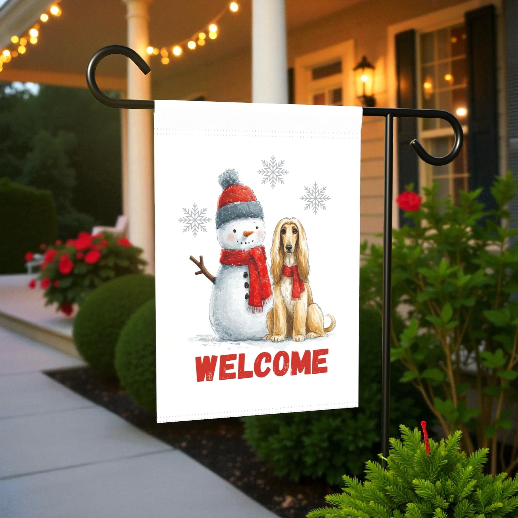 Afghan Hound and Snowman Welcome Garden Flag - product detail - Dragonfire Gardens