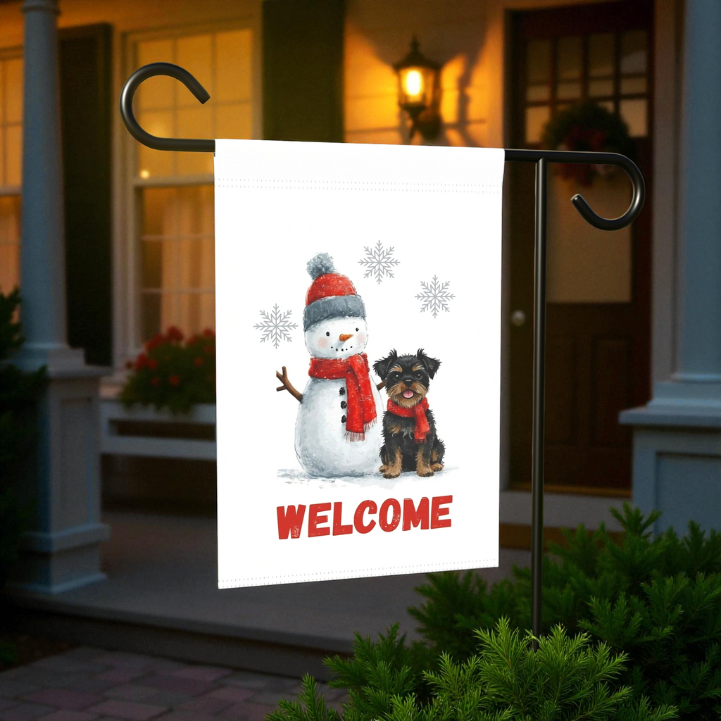 Affenpinscher and Snowman Welcome Garden Flag - size comparison - Dragonfire Gardens