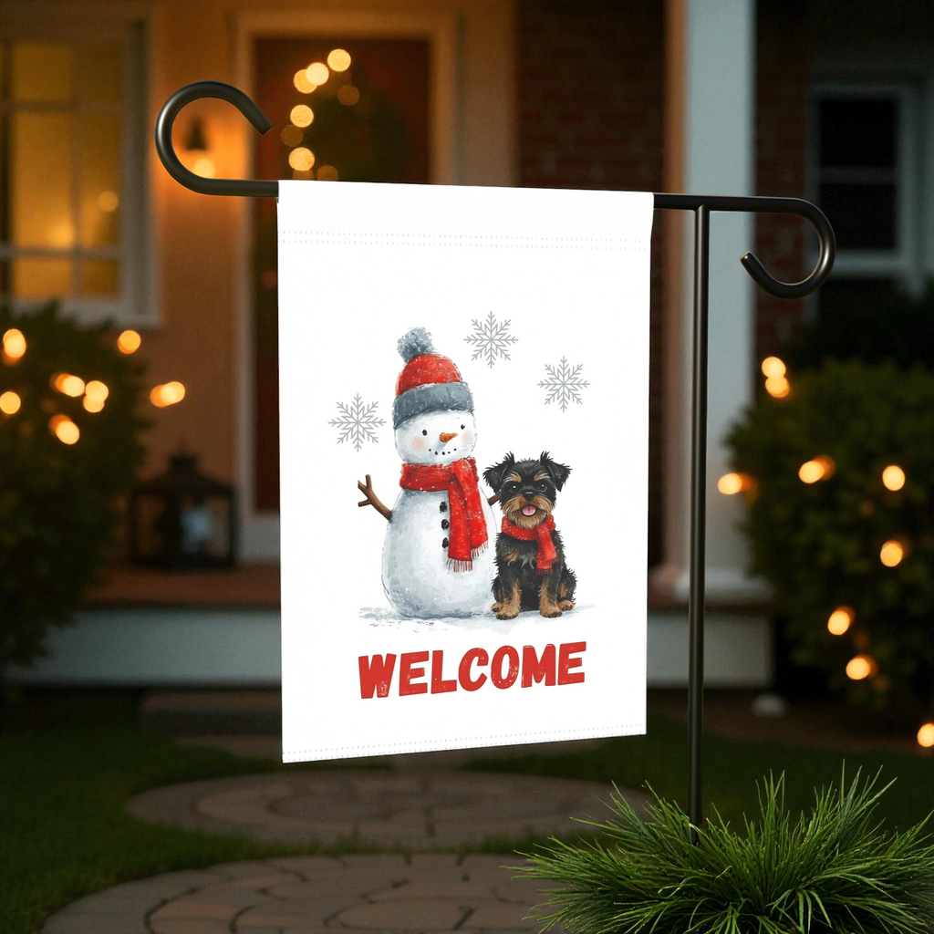 Affenpinscher and Snowman Welcome Garden Flag - front view - Dragonfire Gardens