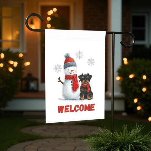Affenpinscher and Snowman Welcome Garden Flag - front view - Dragonfire Gardens