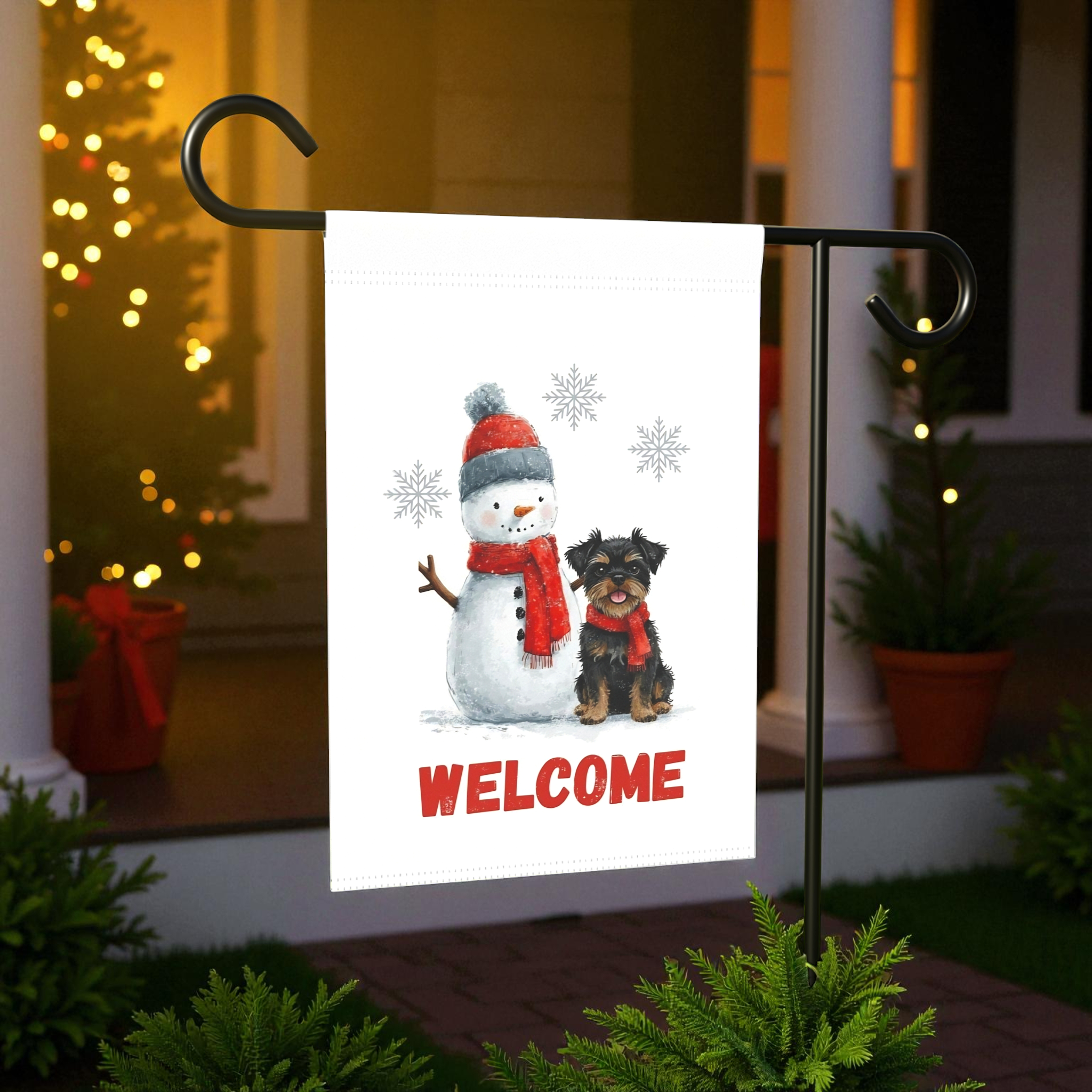Affenpinscher and Snowman Welcome Garden Flag - lifestyle display - Dragonfire Gardens