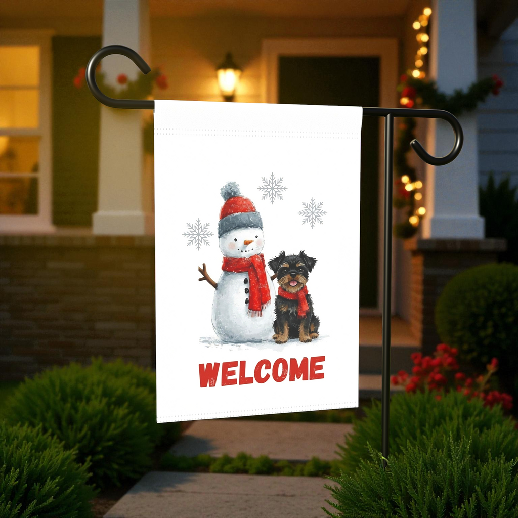 Affenpinscher and Snowman Welcome Garden Flag - product detail - Dragonfire Gardens