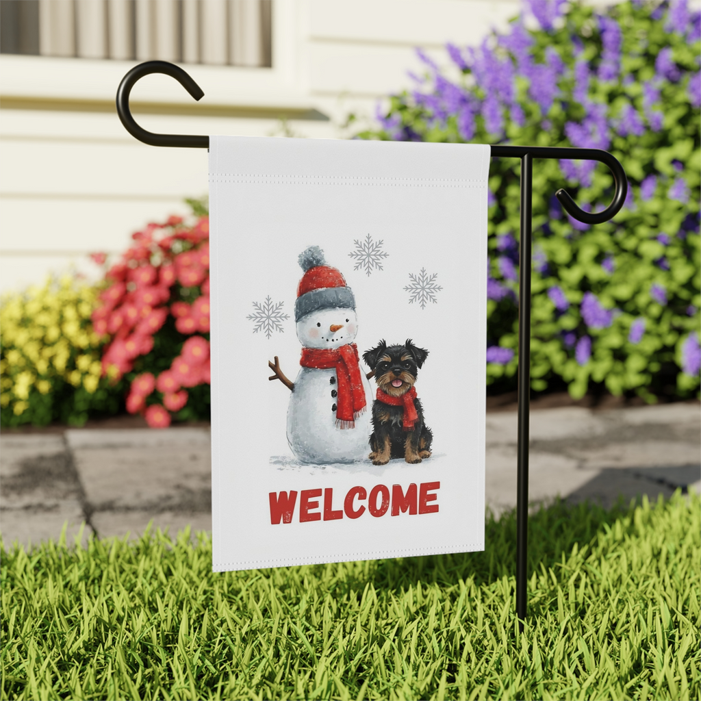 Affenpinscher and Snowman Welcome Garden Flag - outdoor display - Dragonfire Gardens