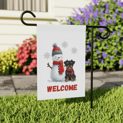 Affenpinscher and Snowman Welcome Garden Flag - outdoor display - Dragonfire Gardens