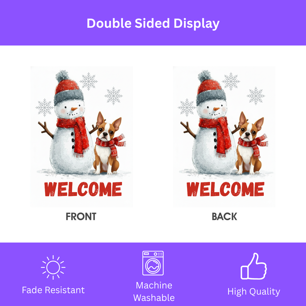 Red Boston Terrier and Snowman Welcome Garden Flag