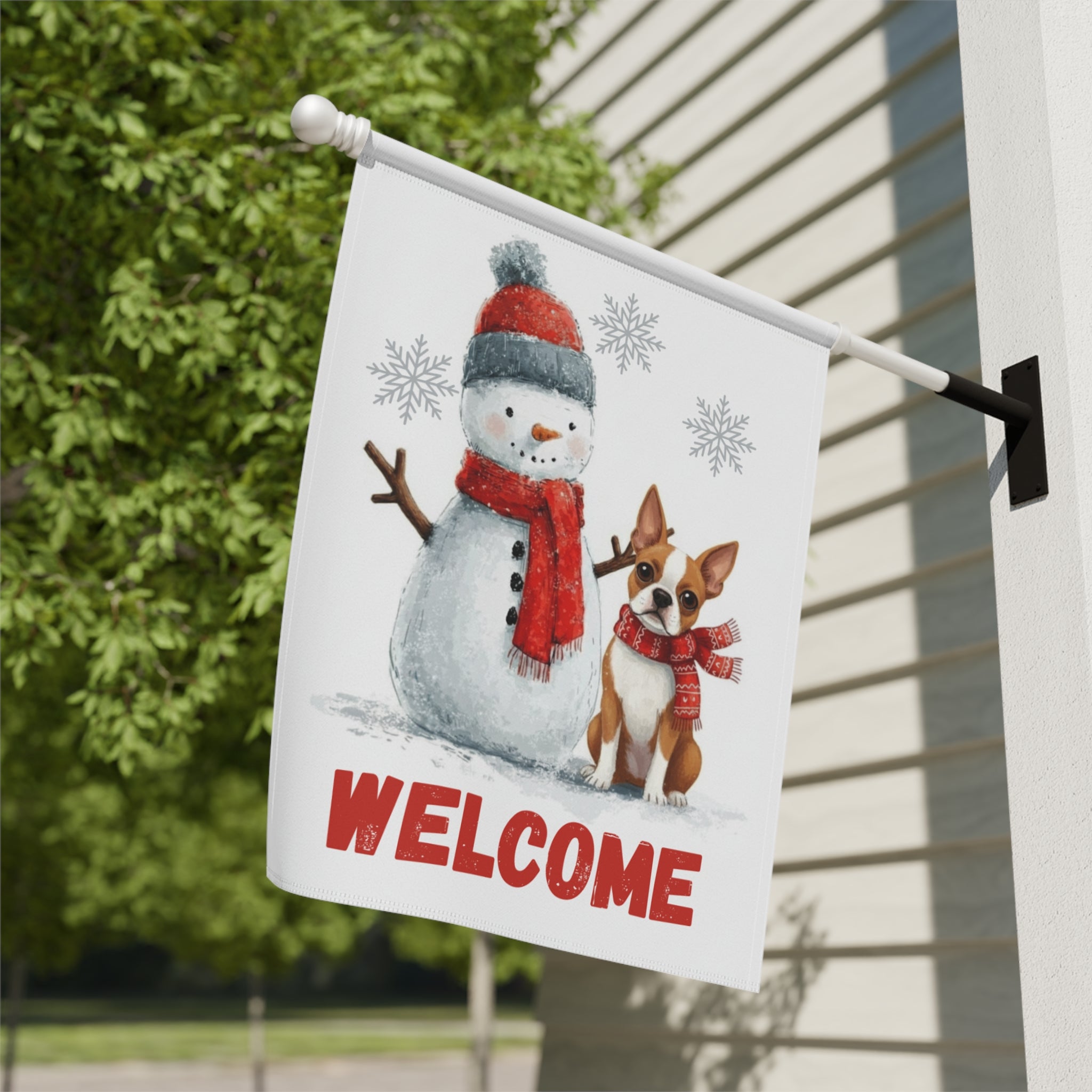 Red Boston Terrier and Snowman Welcome Garden Flag - close-up detail - Dragonfire Gardens