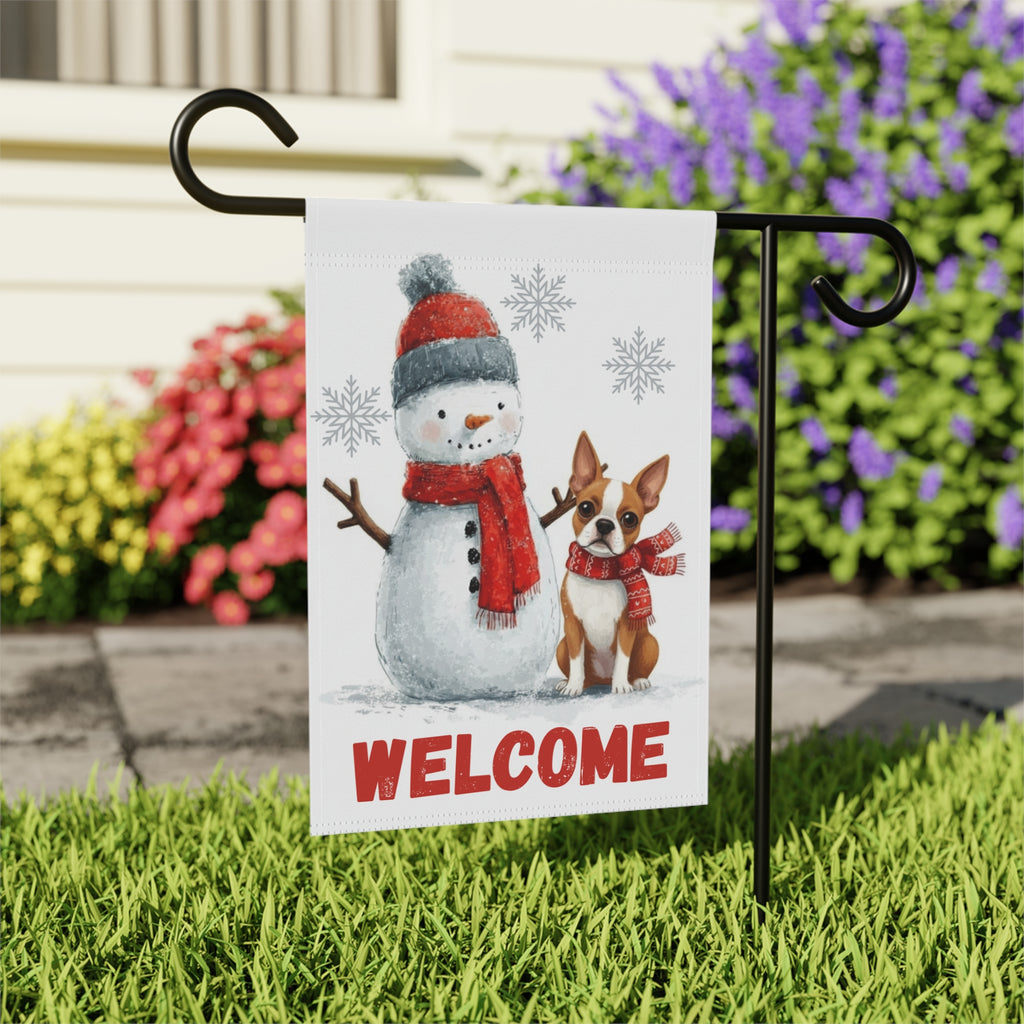 Red Boston Terrier and Snowman Welcome Garden Flag