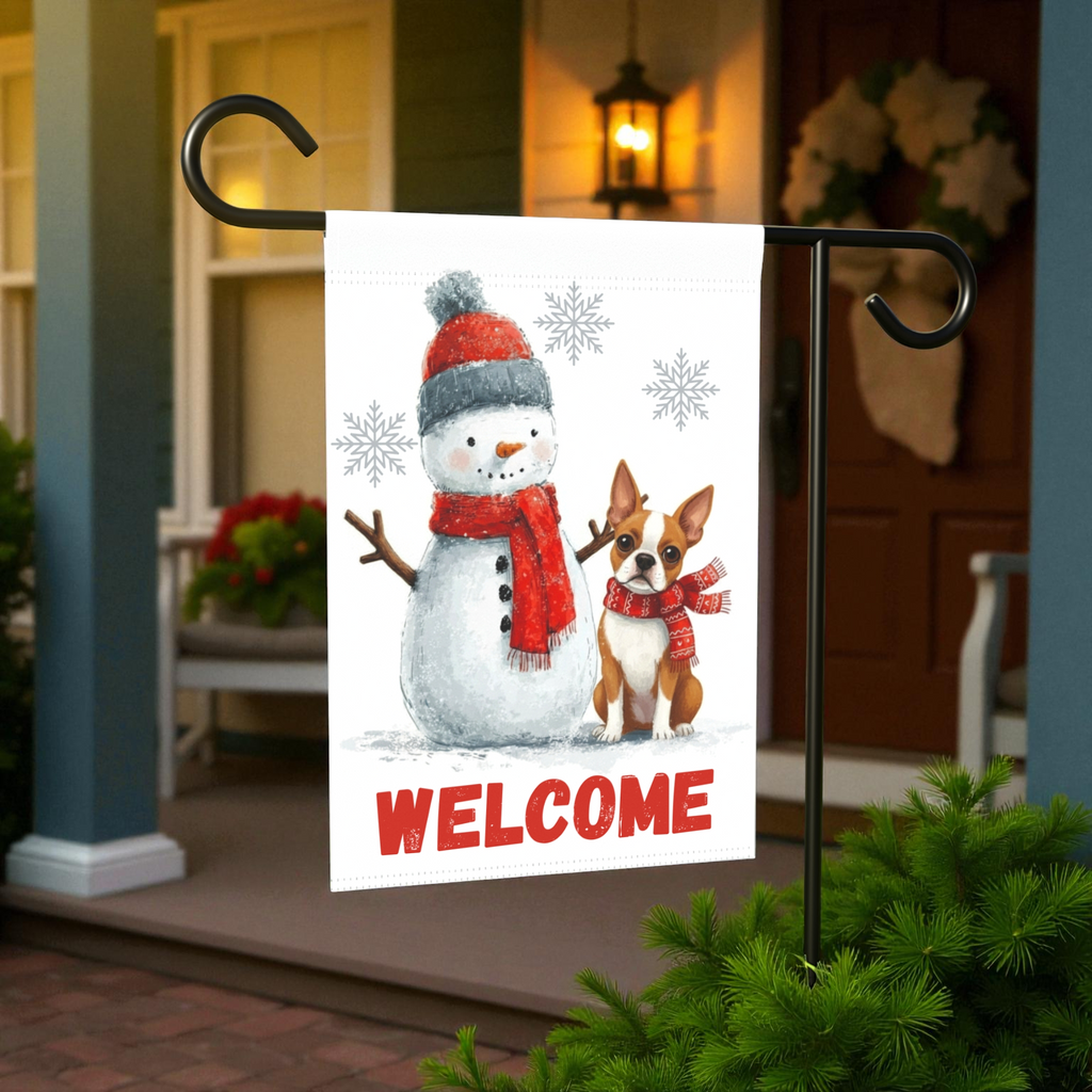 Red Boston Terrier and Snowman Welcome Garden Flag