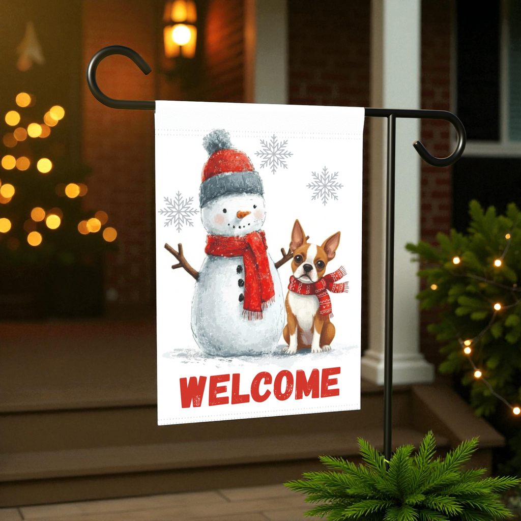Red Boston Terrier and Snowman Welcome Garden Flag