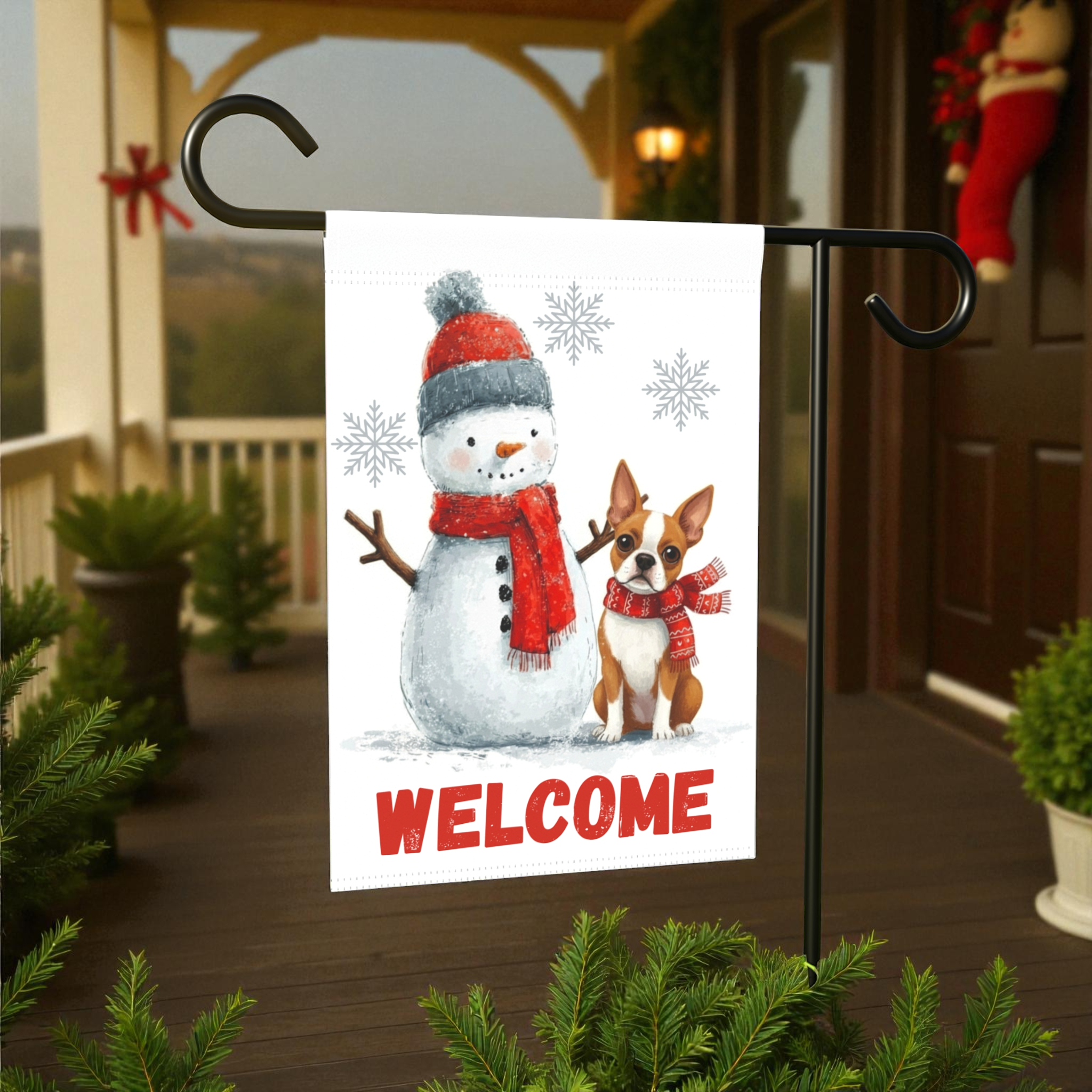 Red Boston Terrier and Snowman Welcome Garden Flag