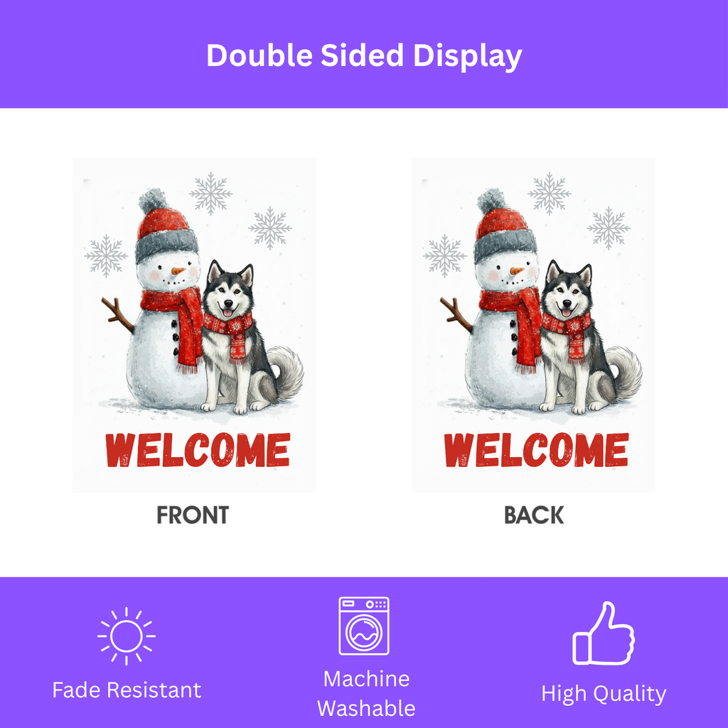 Alaskan Malamute and Snowman Welcome Garden Flag - double-sided design - Dragonfire Gardens