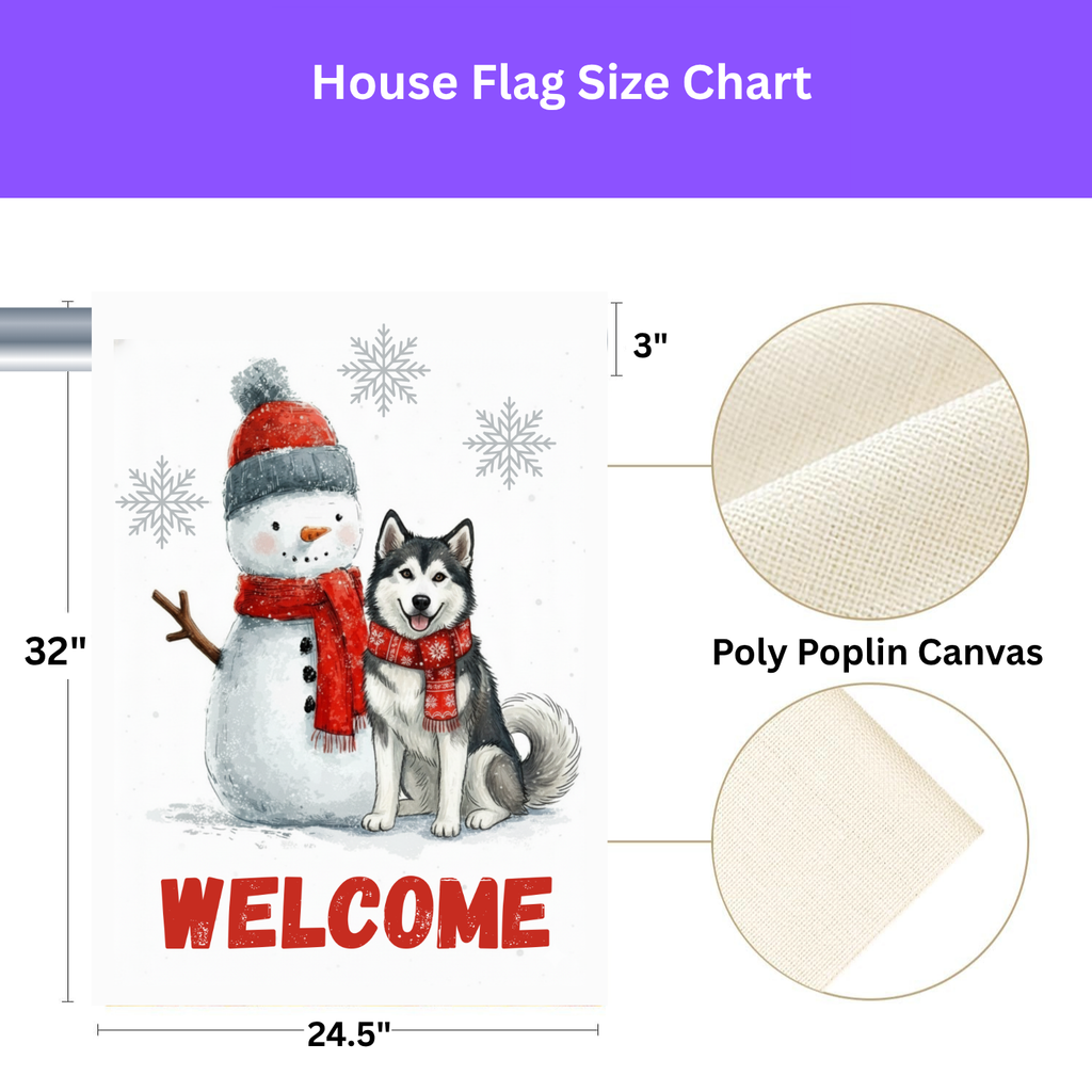 Alaskan Malamute and Snowman Welcome Garden Flag - yard display - Dragonfire Gardens