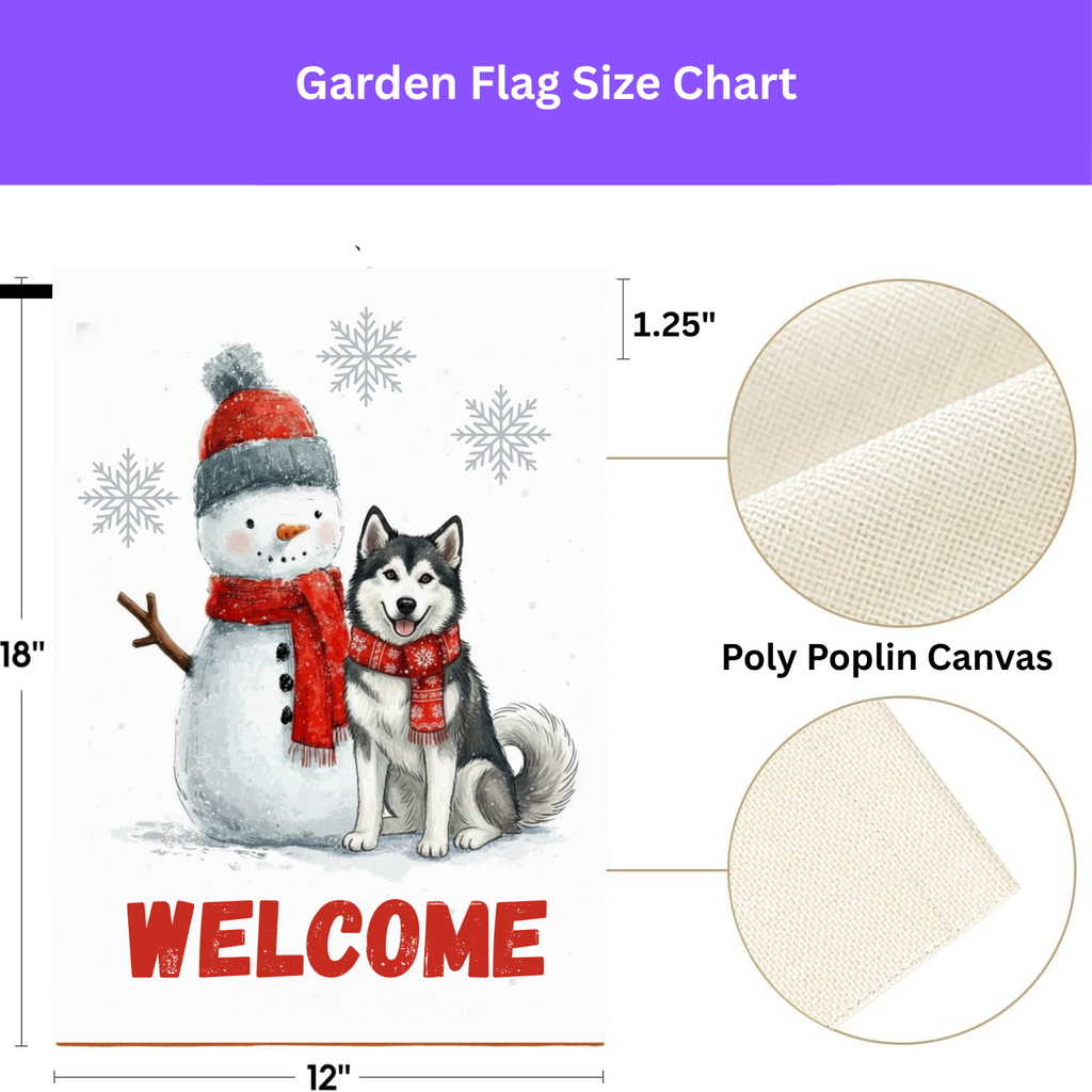 Alaskan Malamute and Snowman Welcome Garden Flag - porch decor - Dragonfire Gardens