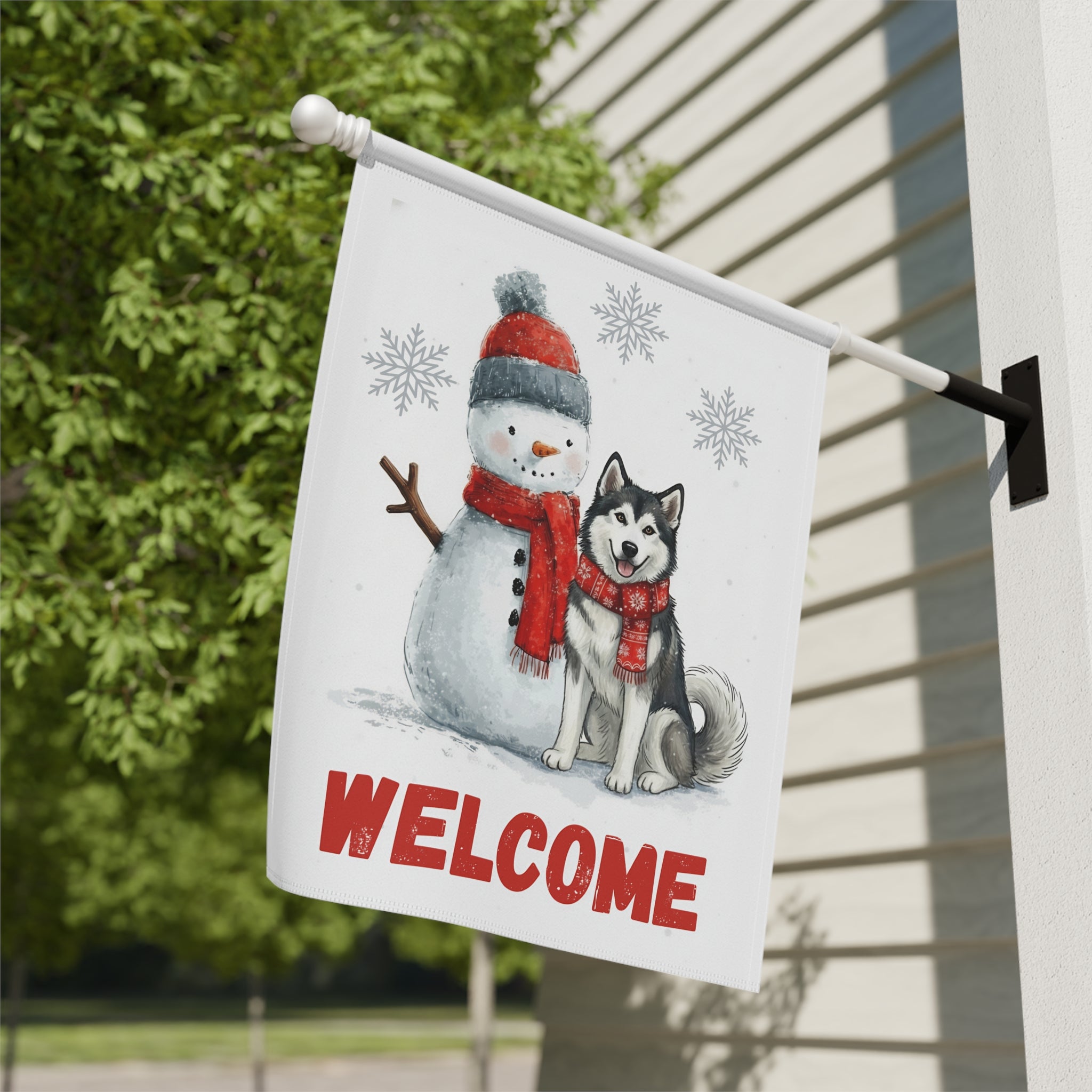 Alaskan Malamute and Snowman Welcome Garden Flag
