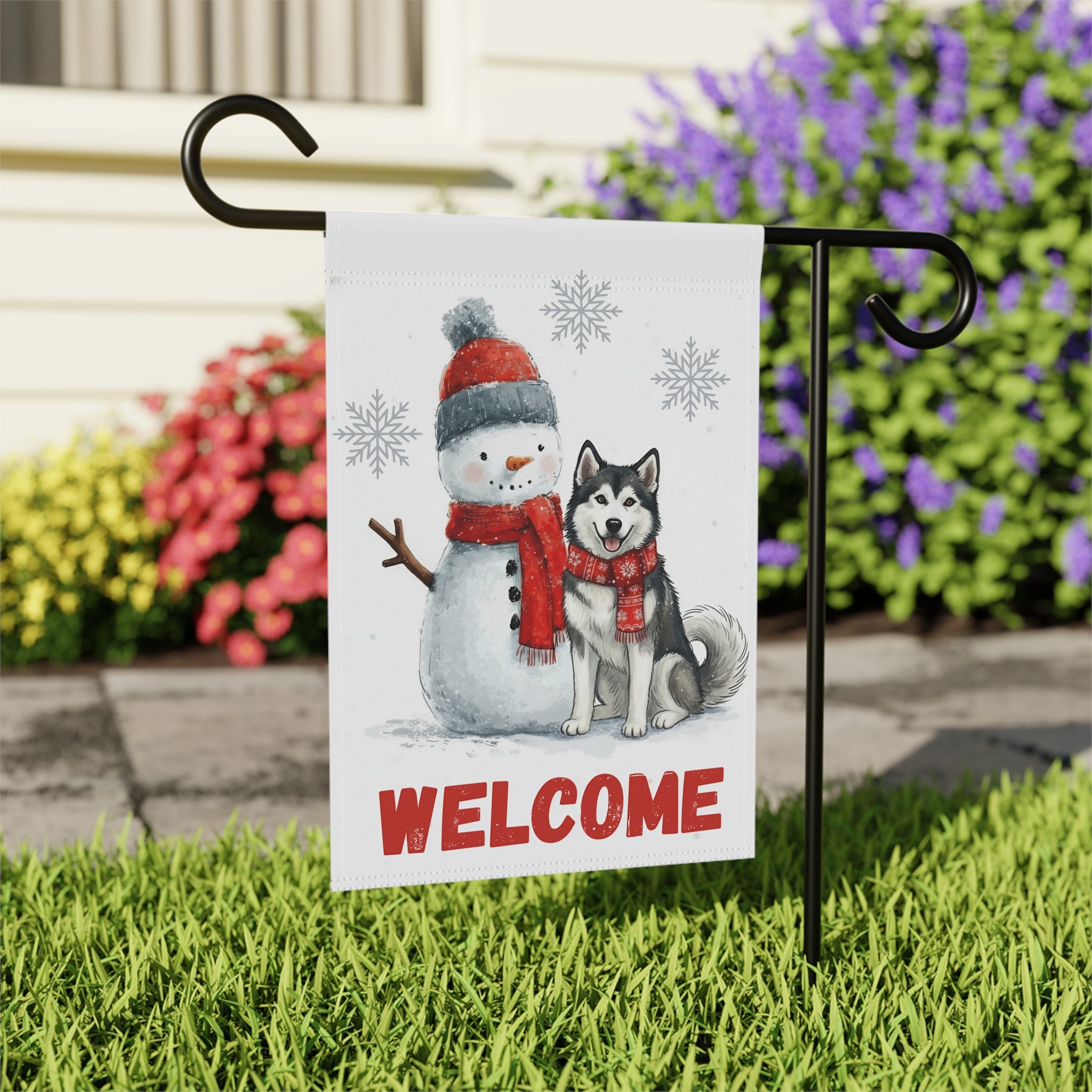 Alaskan Malamute and Snowman Welcome Garden Flag