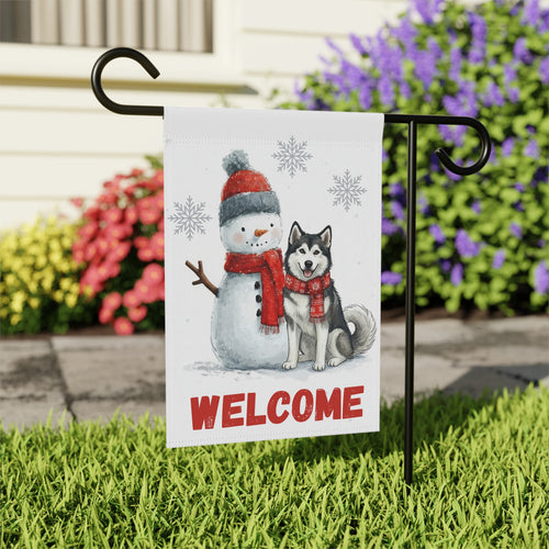 Alaskan Malamute and Snowman Welcome Garden Flag - outdoor display - Dragonfire Gardens