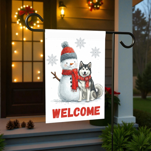 Alaskan Malamute and Snowman Welcome Garden Flag - front view - Dragonfire Gardens