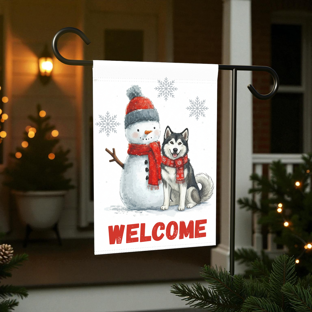 Alaskan Malamute and Snowman Welcome Garden Flag - lifestyle display - Dragonfire Gardens