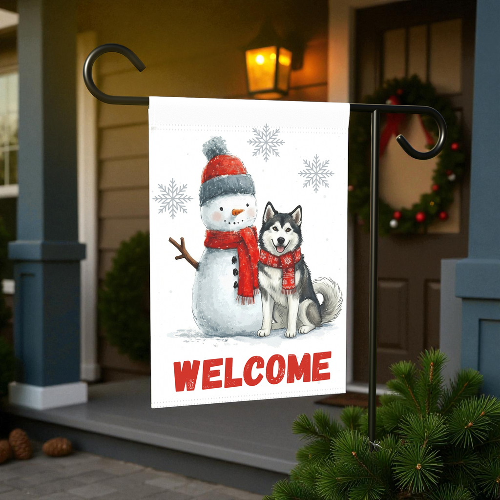 Alaskan Malamute and Snowman Welcome Garden Flag - size comparison - Dragonfire Gardens
