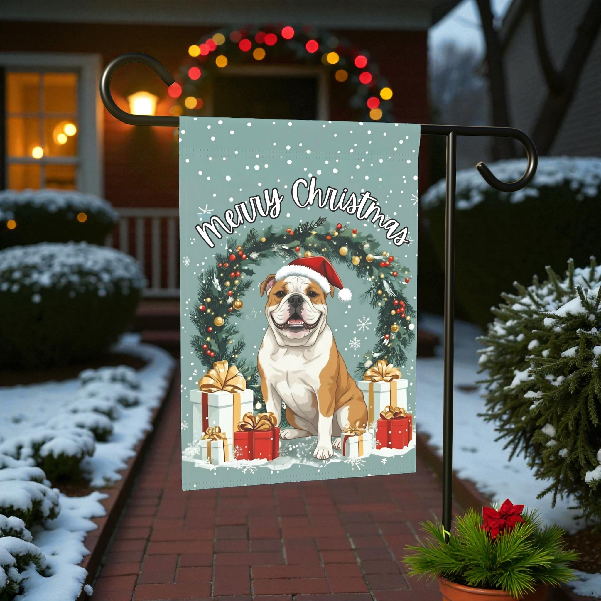Merry Christmas British Bulldog Garden Flag