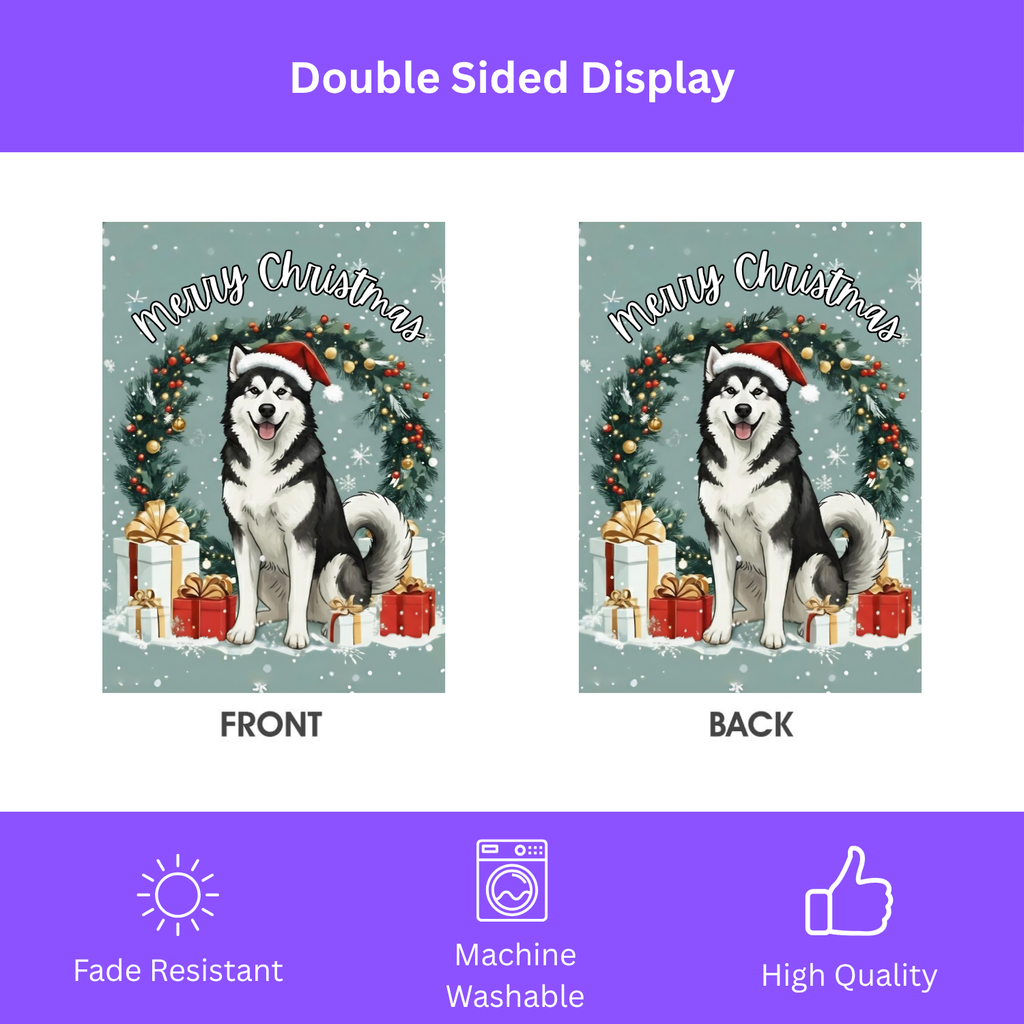 Merry Christmas Alaskan Malamute Garden Flag - porch decor - Dragonfire Gardens