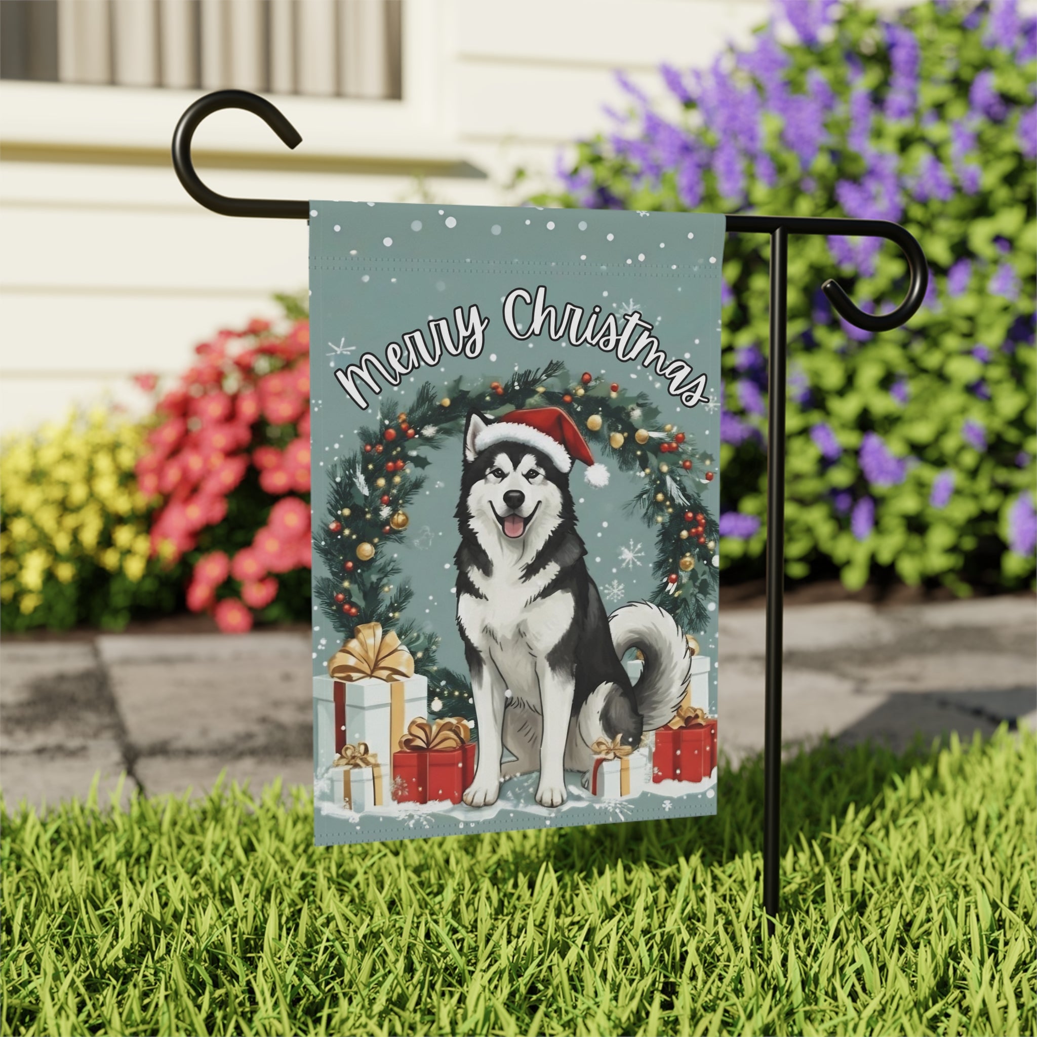 Merry Christmas Alaskan Malamute Garden Flag