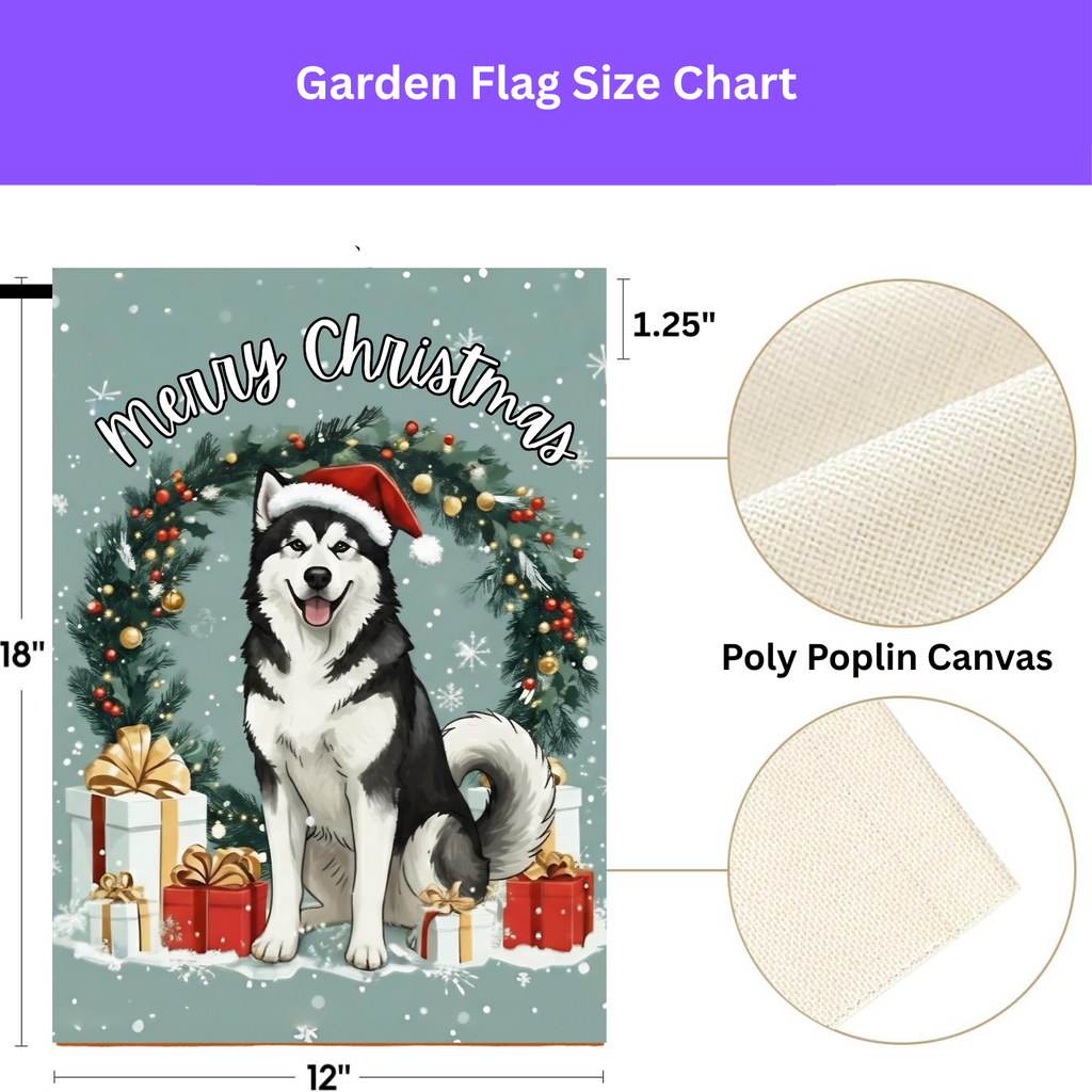 Merry Christmas Alaskan Malamute Garden Flag - double-sided design - Dragonfire Gardens