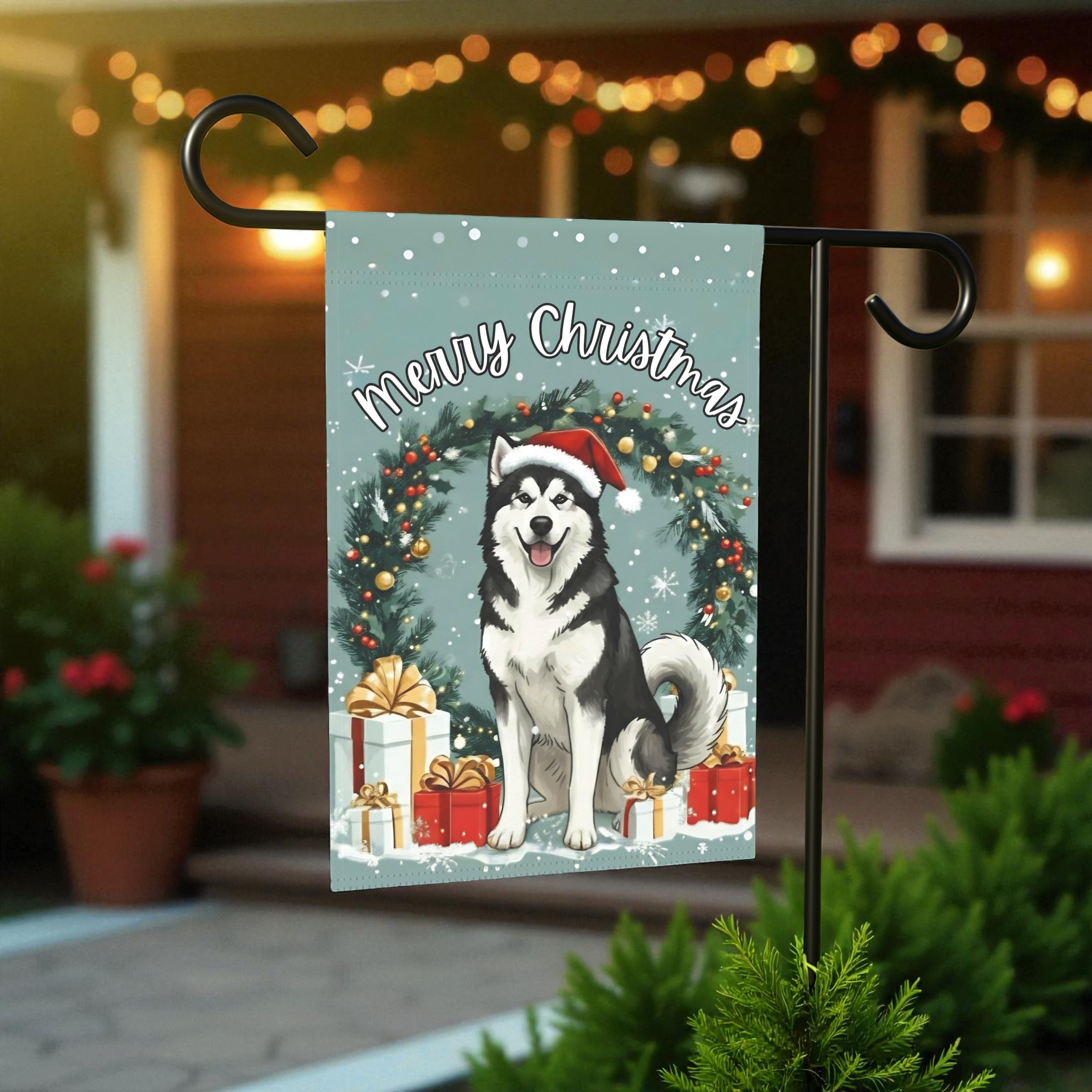 Merry Christmas Alaskan Malamute Garden Flag - lifestyle display - Dragonfire Gardens