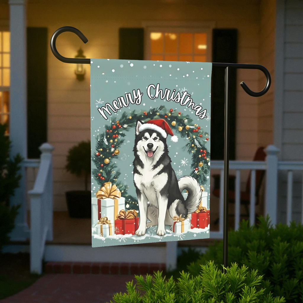 Merry Christmas Alaskan Malamute Garden Flag - size comparison - Dragonfire Gardens
