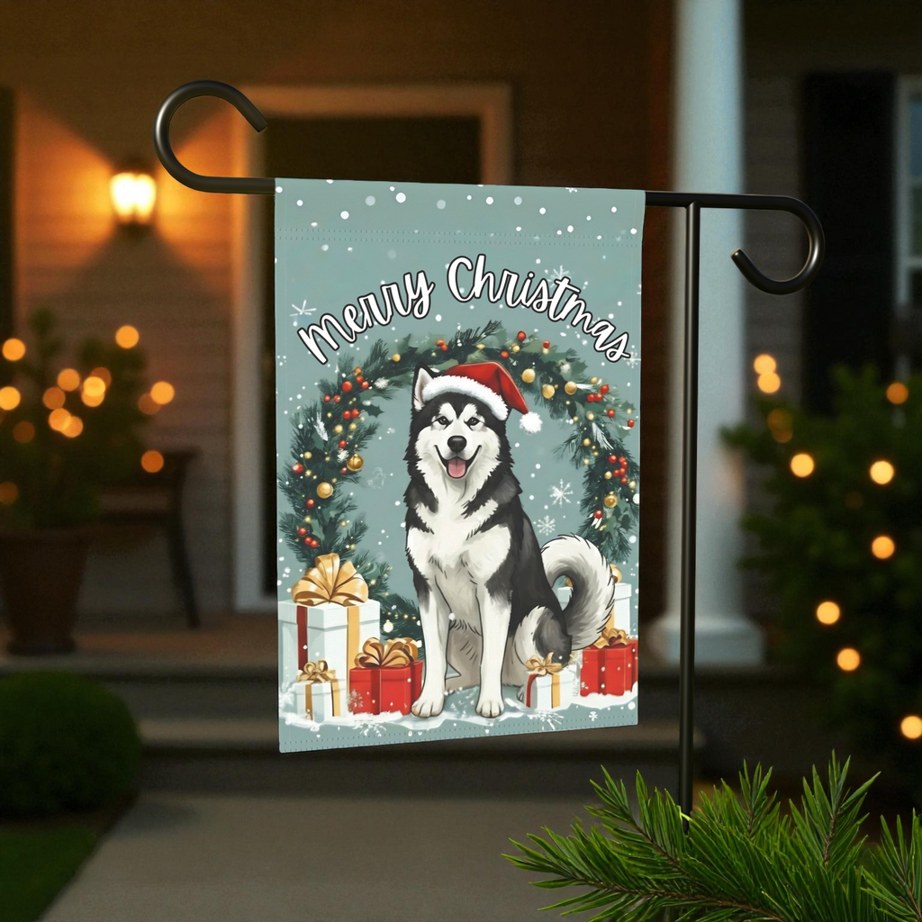 Merry Christmas Alaskan Malamute Garden Flag - front view - Dragonfire Gardens