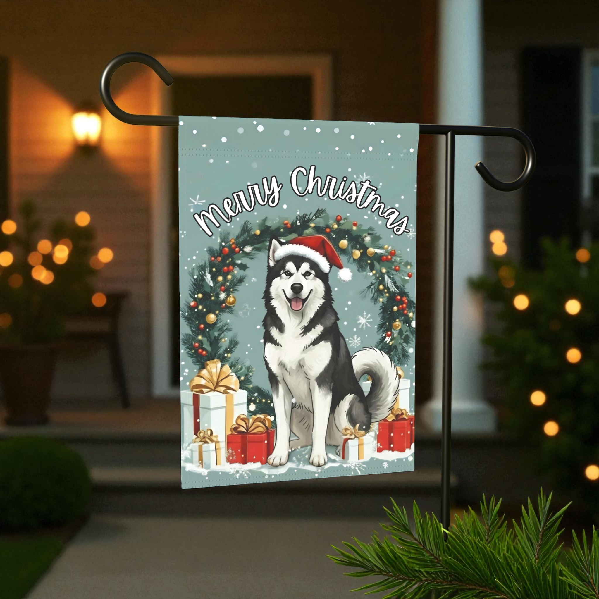 Merry Christmas Alaskan Malamute Garden Flag