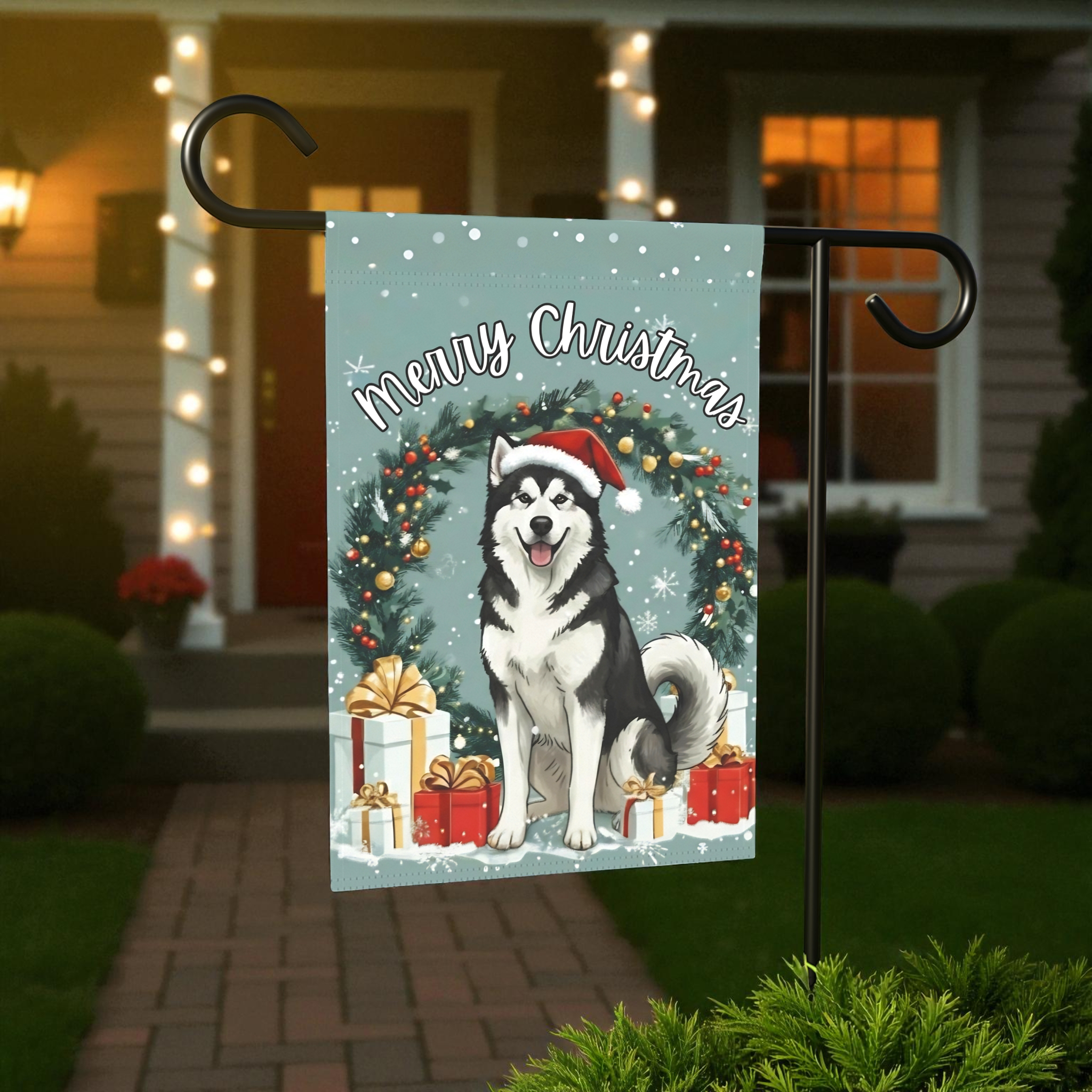Merry Christmas Alaskan Malamute Garden Flag - product detail - Dragonfire Gardens