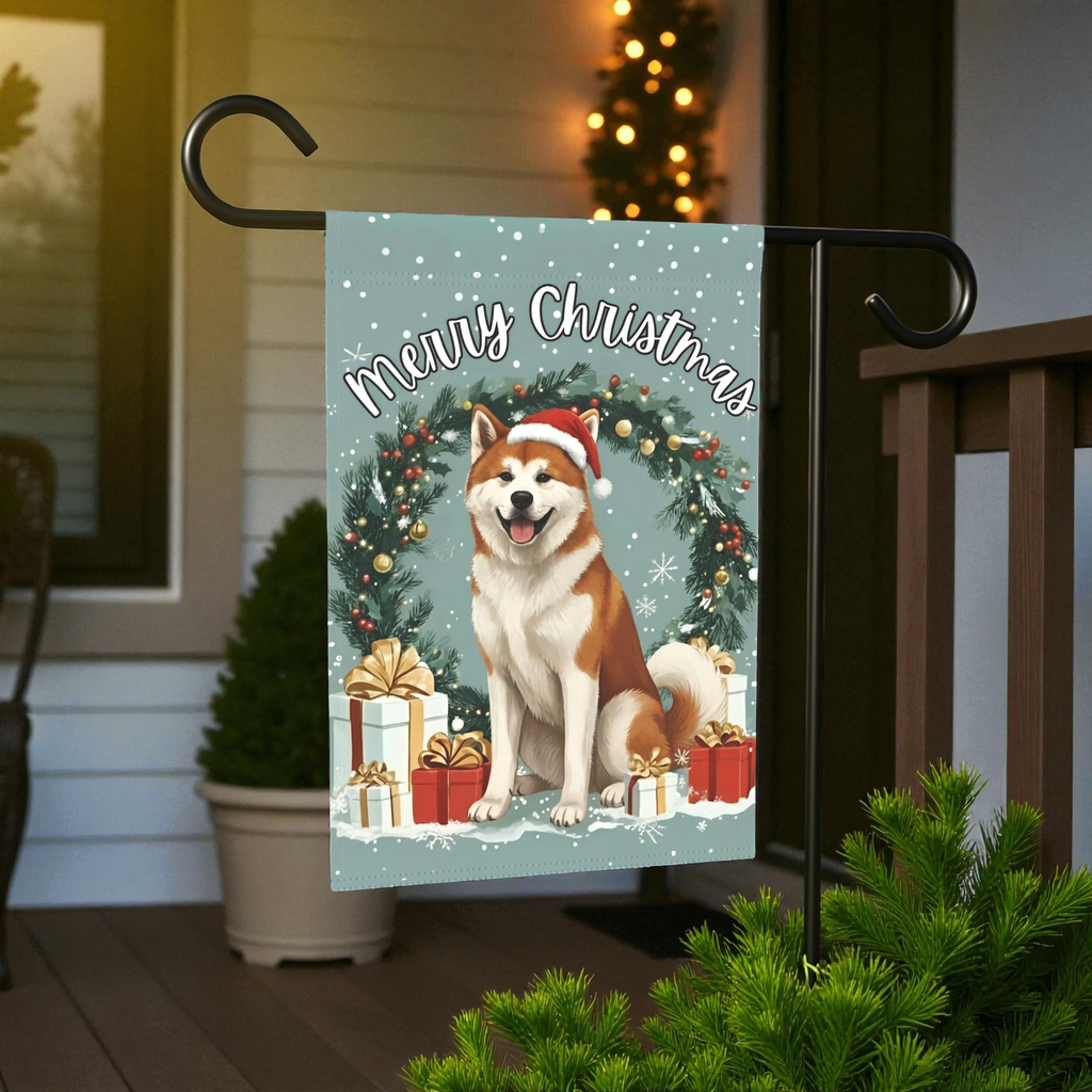 Merry Christmas Akita Garden Flag - lifestyle display - Dragonfire Gardens