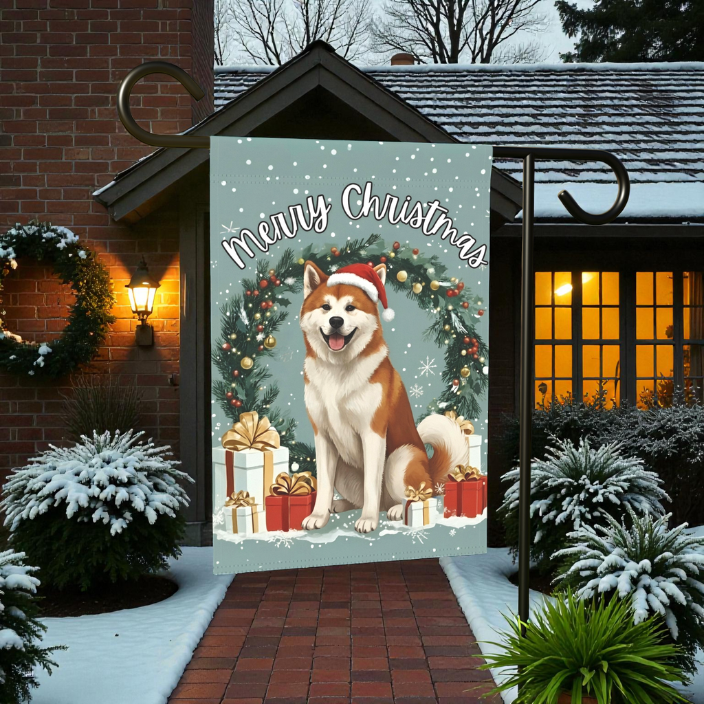 Merry Christmas Akita Garden Flag - front view - Dragonfire Gardens