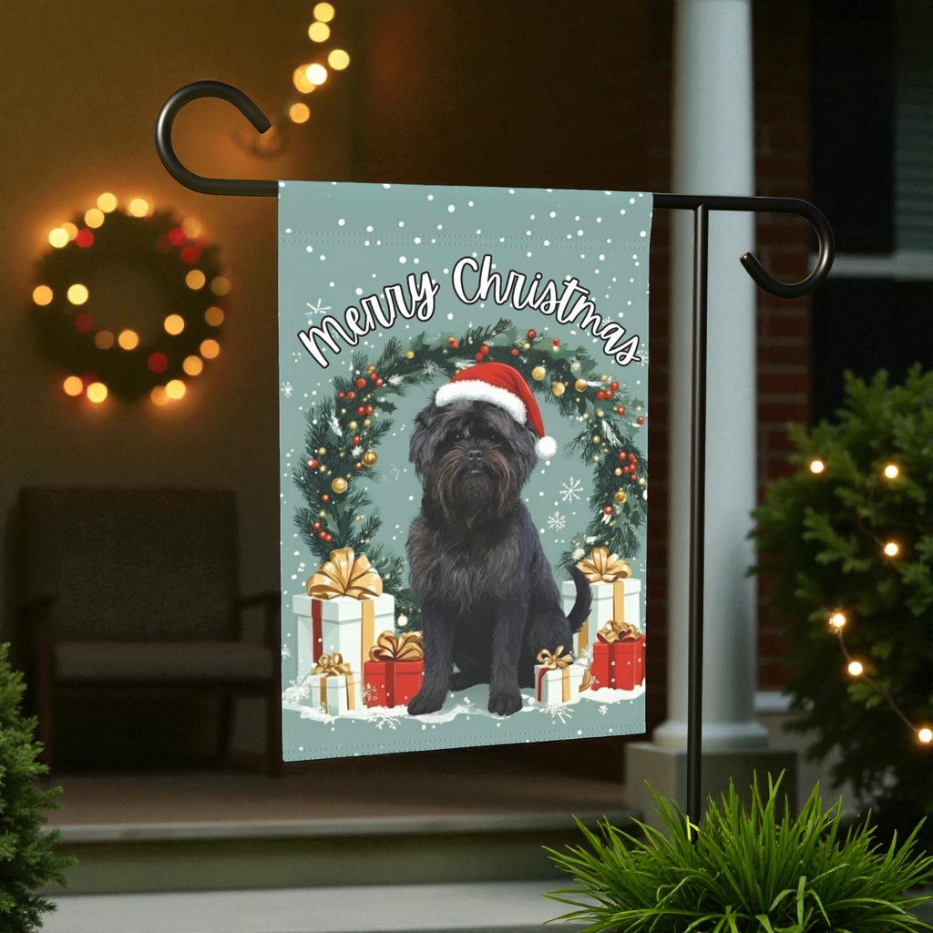 Merry Christmas Affenpinscher Garden Flag - front view - Dragonfire Gardens