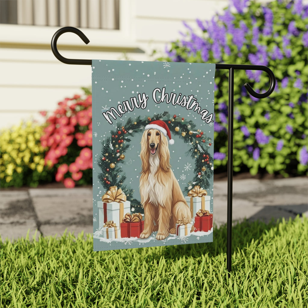 Merry Christmas Afghan Hound Garden Flag - outdoor display - Dragonfire Gardens
