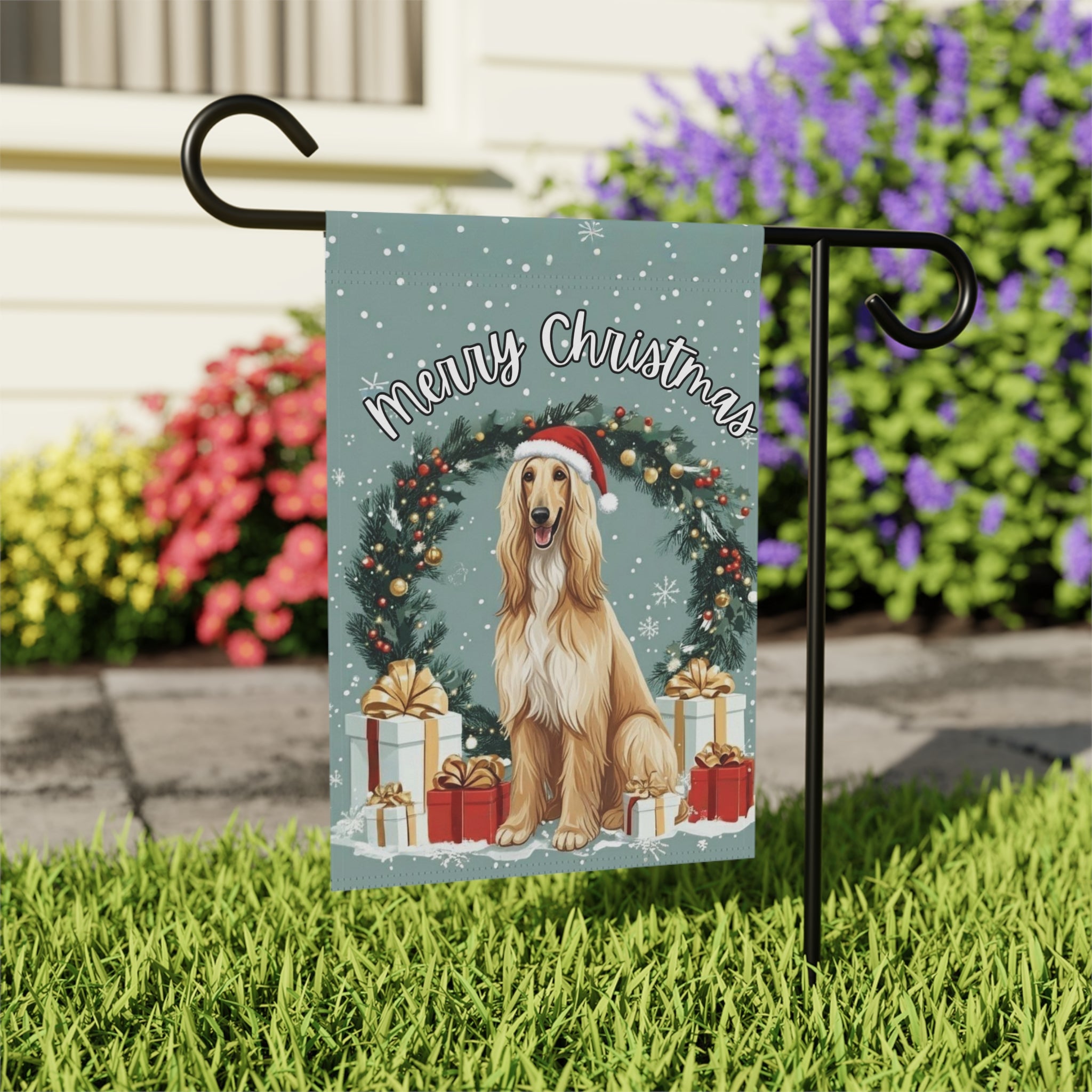 Merry Christmas Afghan Hound Garden Flag