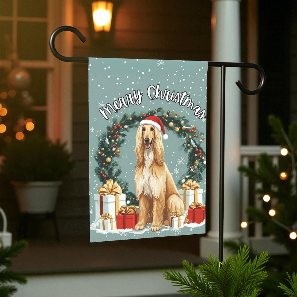 Merry Christmas Afghan Hound Garden Flag - front view - Dragonfire Gardens