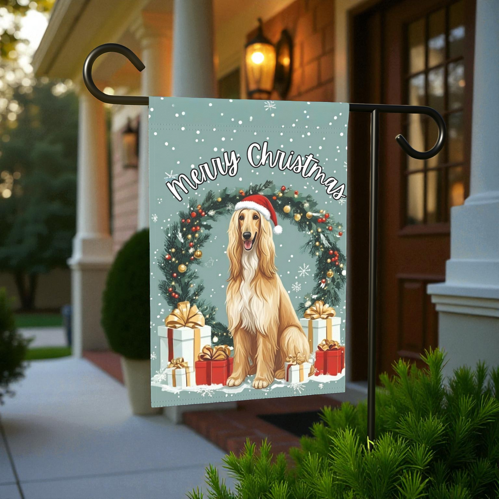 Merry Christmas Afghan Hound Garden Flag - size comparison - Dragonfire Gardens