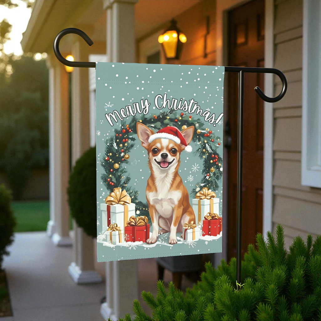 Merry Christmas Chihuahua Garden Flag - front view - Dragonfire Gardens