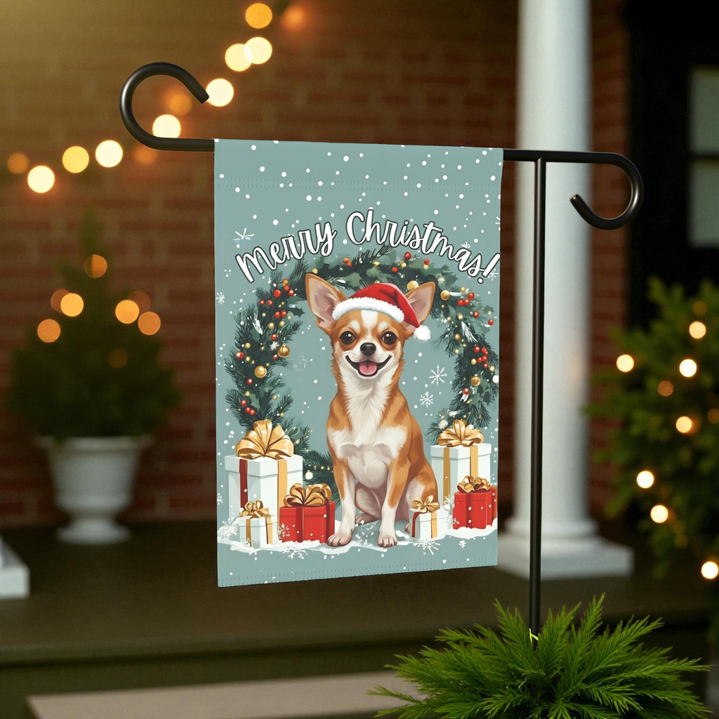 Merry Christmas Chihuahua Garden Flag - size comparison - Dragonfire Gardens