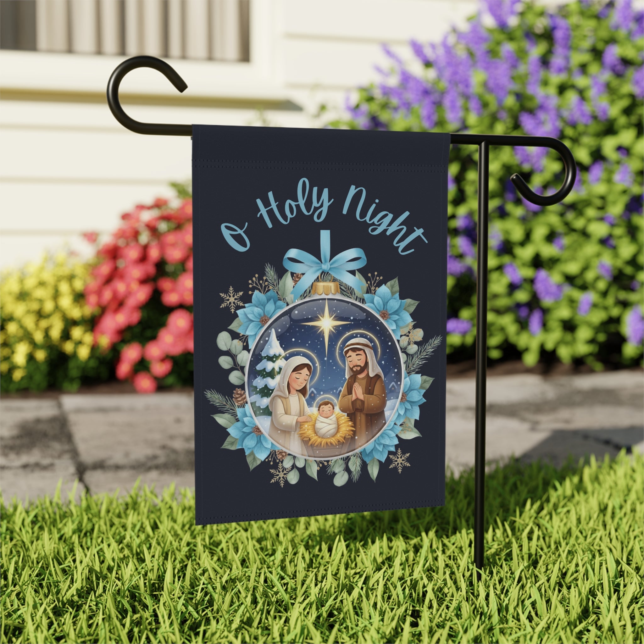 O Holy Night Nativity Ornament Garden Flag - outdoor display - Dragonfire Gardens