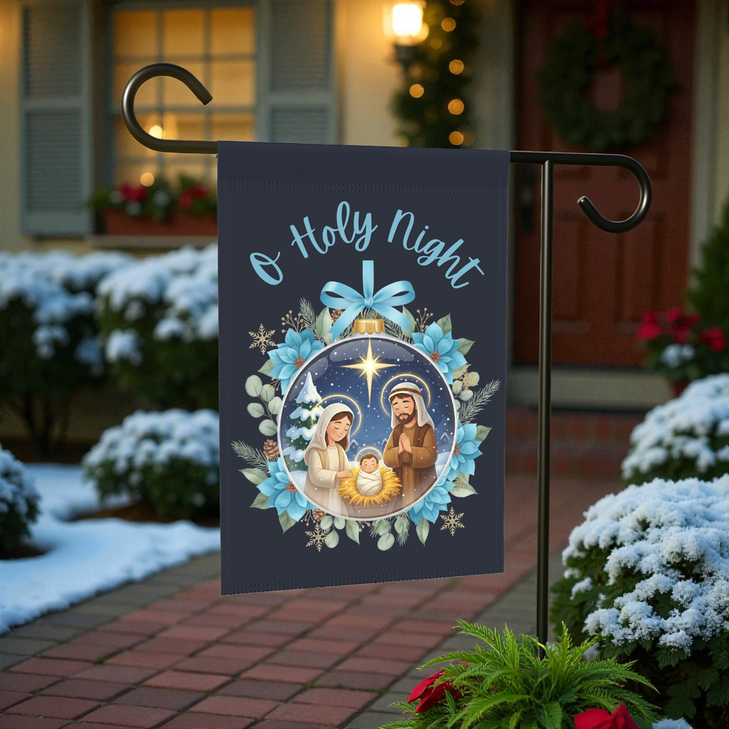 O Holy Night Nativity Ornament Garden Flag - lifestyle display - Dragonfire Gardens
