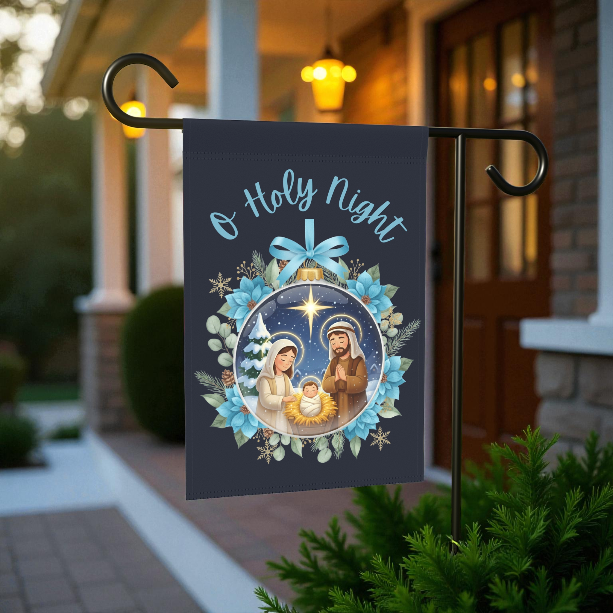 O Holy Night Nativity Ornament Garden Flag - size comparison - Dragonfire Gardens