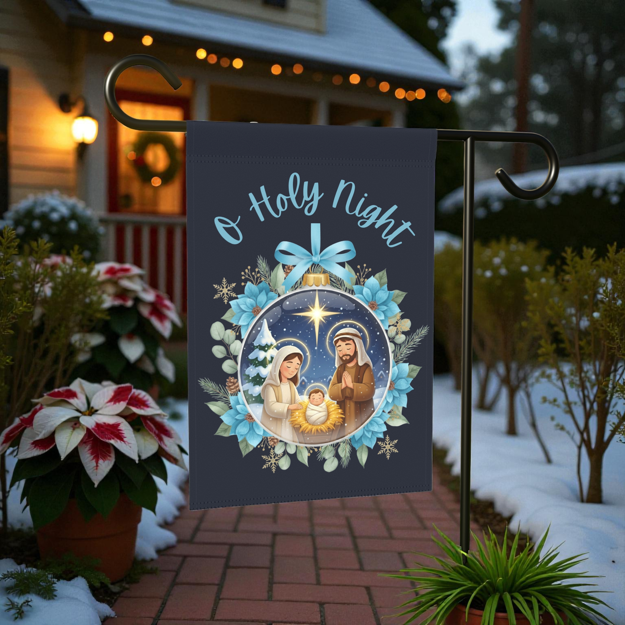 O Holy Night Nativity Ornament Garden Flag - front view - Dragonfire Gardens