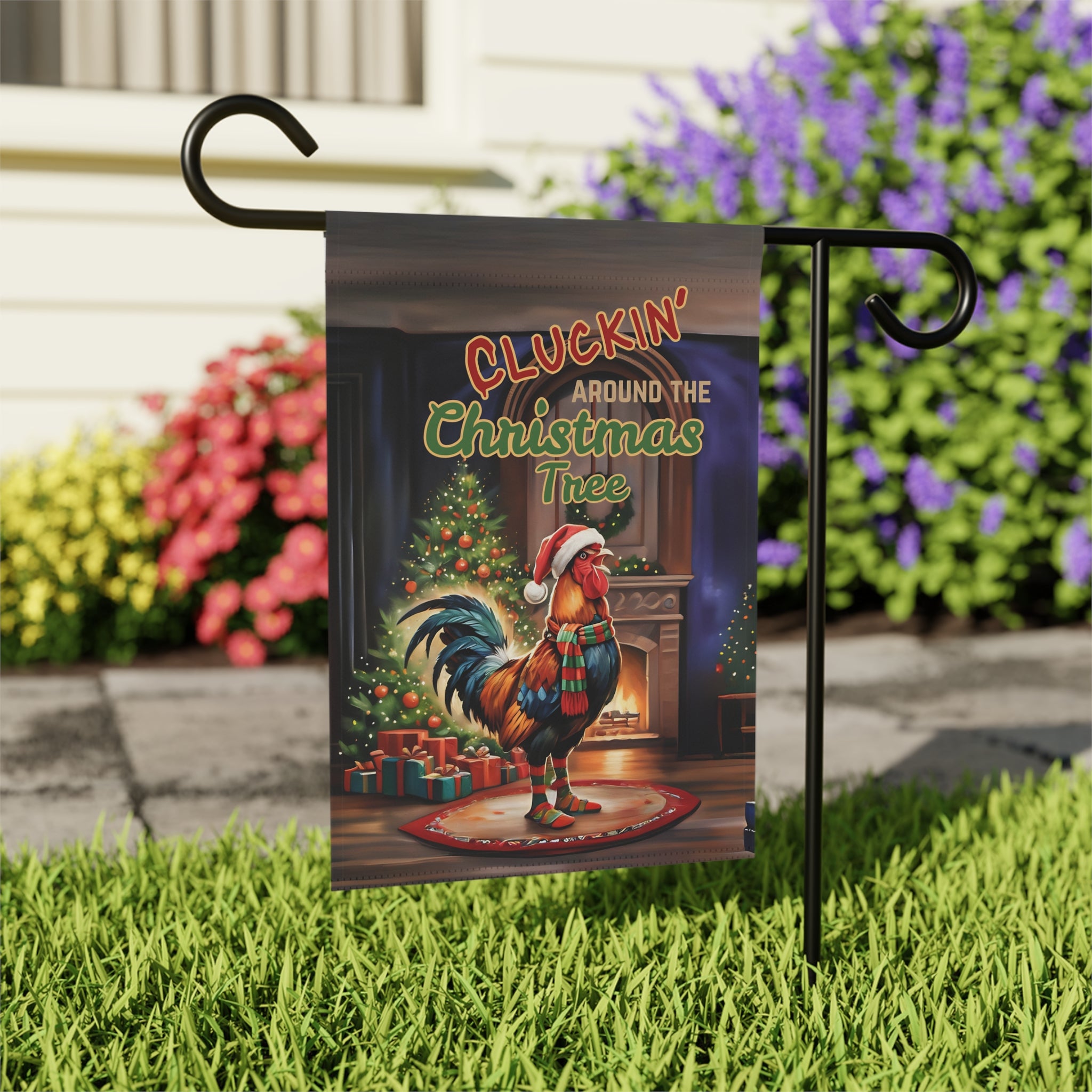 Christmas Rooster Garden Flag "Cluckin' Around the Christmas Tree"
