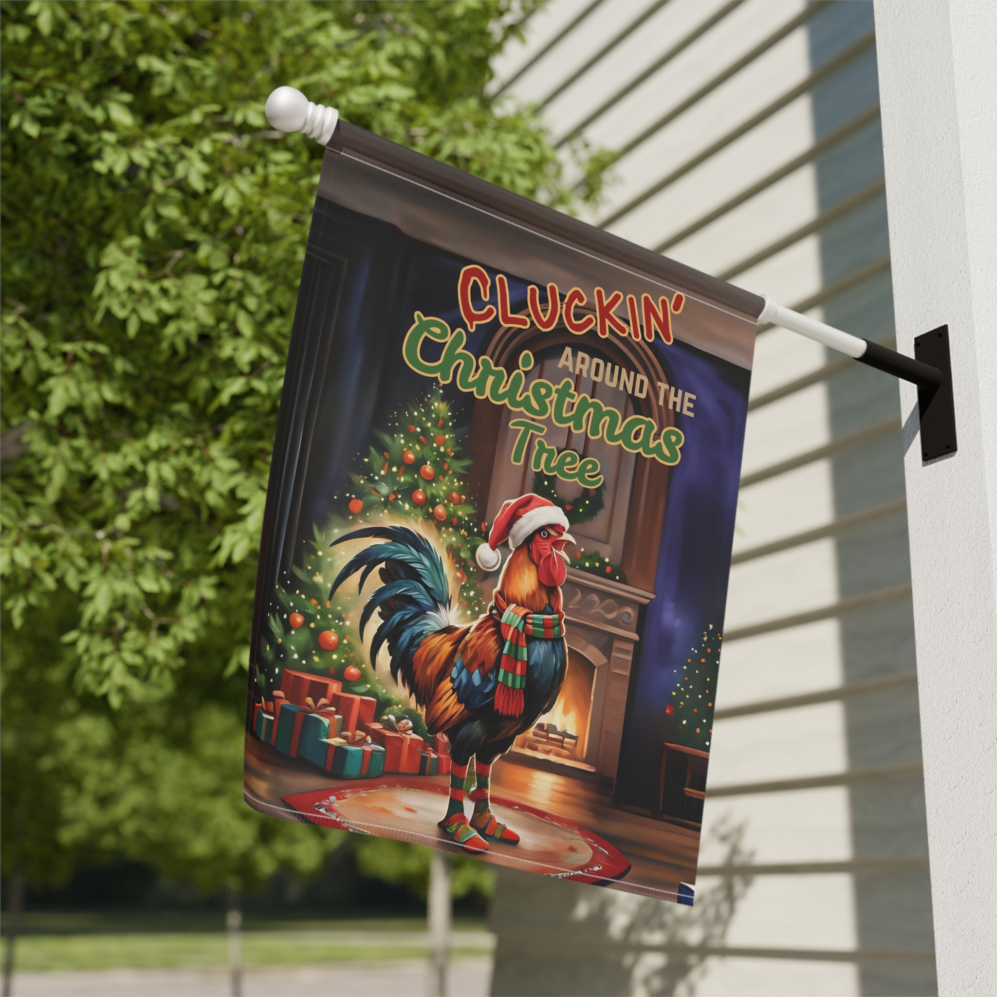 Christmas Rooster Garden Flag "Cluckin' Around the Christmas Tree"